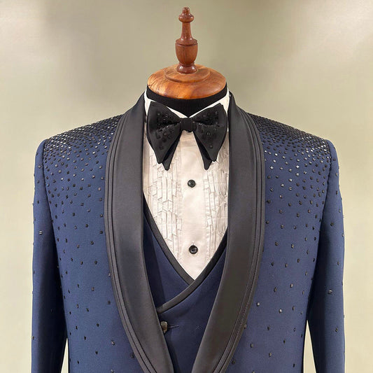 Costume de marié 3 pièces bleu pailleté avec cristaux, costume formel pour homme, sur mesure, blazer noir pour bal de promo, mode masculine