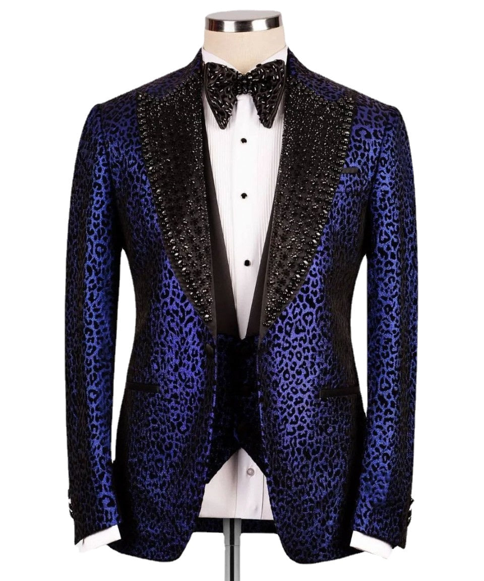 Costume de mariage de luxe pour homme, coupe slim, motif léopard, avec blazer à revers pointu et perles, 3 pièces 