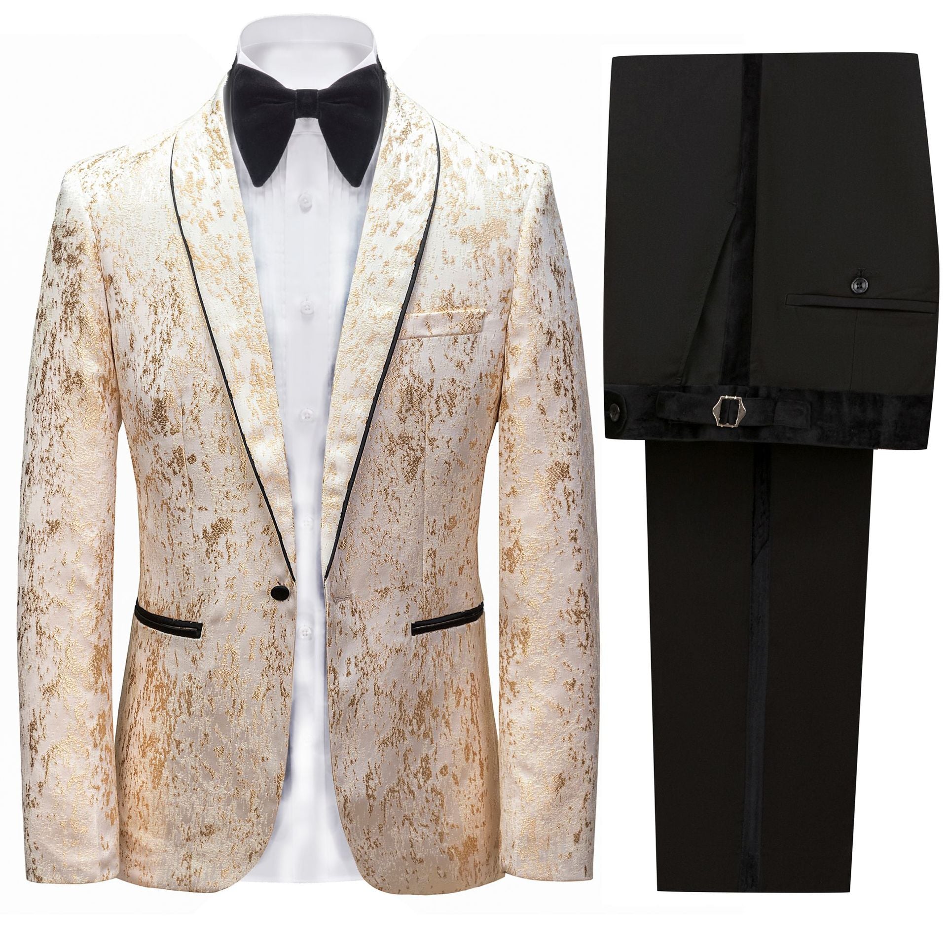 Men's Regal Gold and Black Slim-fit Tuxedo Suit with Bow Tie – Perfect for Weddings and Formal Events