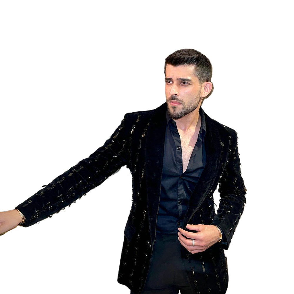Costume 2 pièces noir avec perles de cristal pour homme, blazer et pantalon, smoking, haute couture, mariage, bal, grande taille, sur mesure