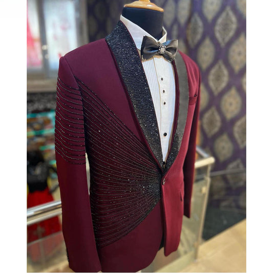 Dark Red Crystal Beading Blazers Men Suits Fashion Banquet 2 Piece Business Jacket Pants Trousers