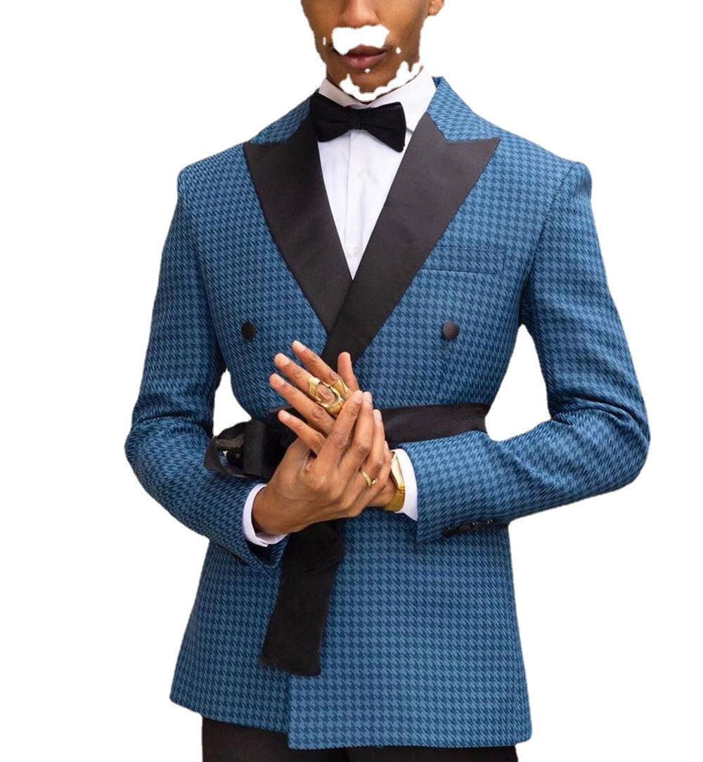 Costume d'hiver pied-de-poule pour homme avec ceinture, deux pièces, slim, smoking de fête, costume d'occasion formelle 