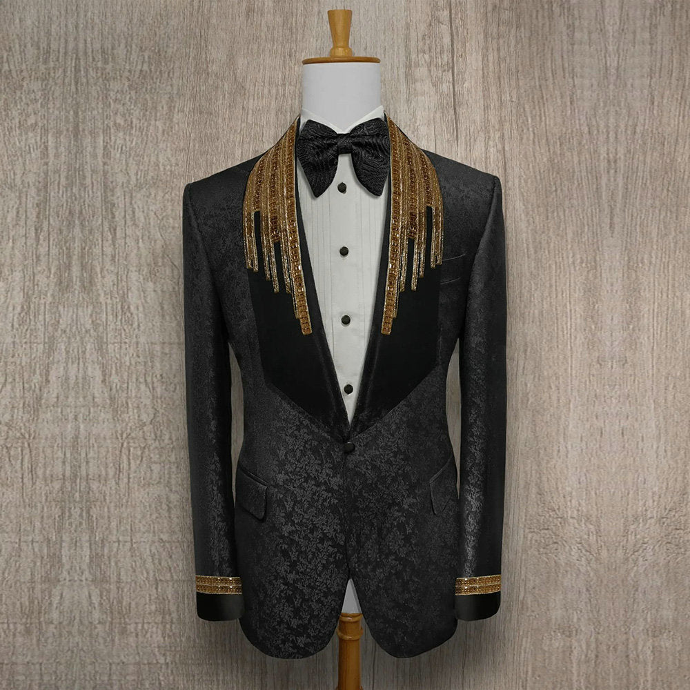Black Jacquard Weave Two Pieces Men Suits Gold Crystal Beading Evening Party Blazer Groom Wear ( Jacket + Pants )
