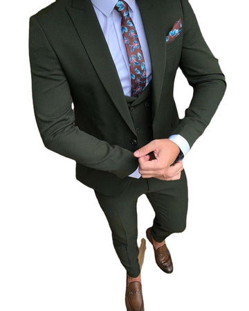 Dark Green Groom Tuxedos Peaked Lapel Blazer Trousers Dinner Prom Men Suits Wedding/Prom/Dinner Best Man 3Pcs(Jacket+Vest+Pants)
