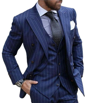 Costume 3 pièces bleu marine à rayures pour homme, coupe slim, smoking de mariage, bal de promo, costume sur mesure avec pantalon