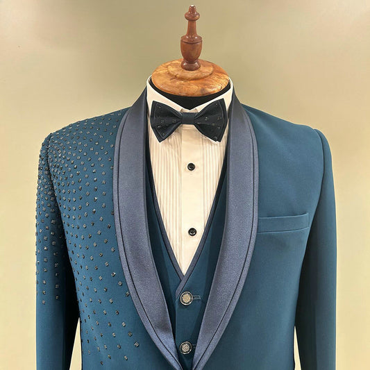 Blue 3 Pieces Groom Wedding Tuxedos Crystal Formal Suits Men Custom Made Black Prom Blazer Sets Male Fashion