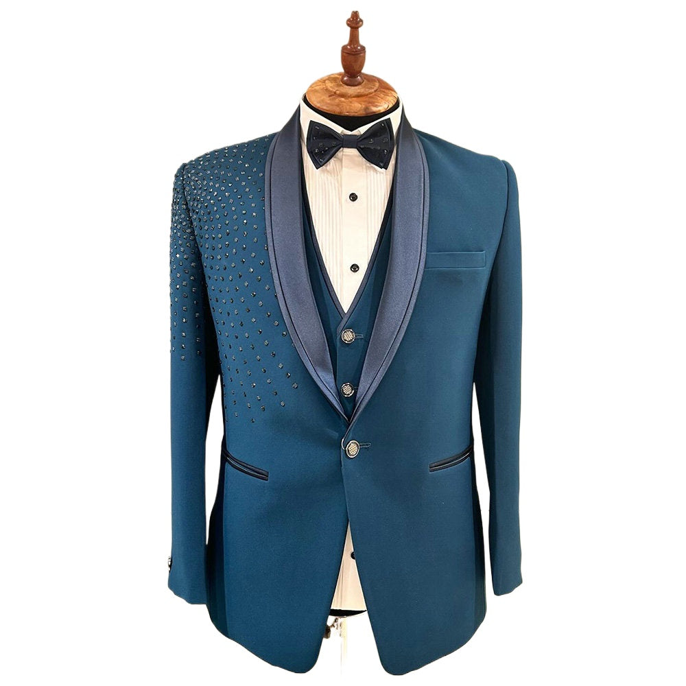 Costume de mariage bleu 3 pièces pour homme, smoking de marié, costume formel en cristal, sur mesure, ensemble blazer noir pour bal de promo, mode masculine