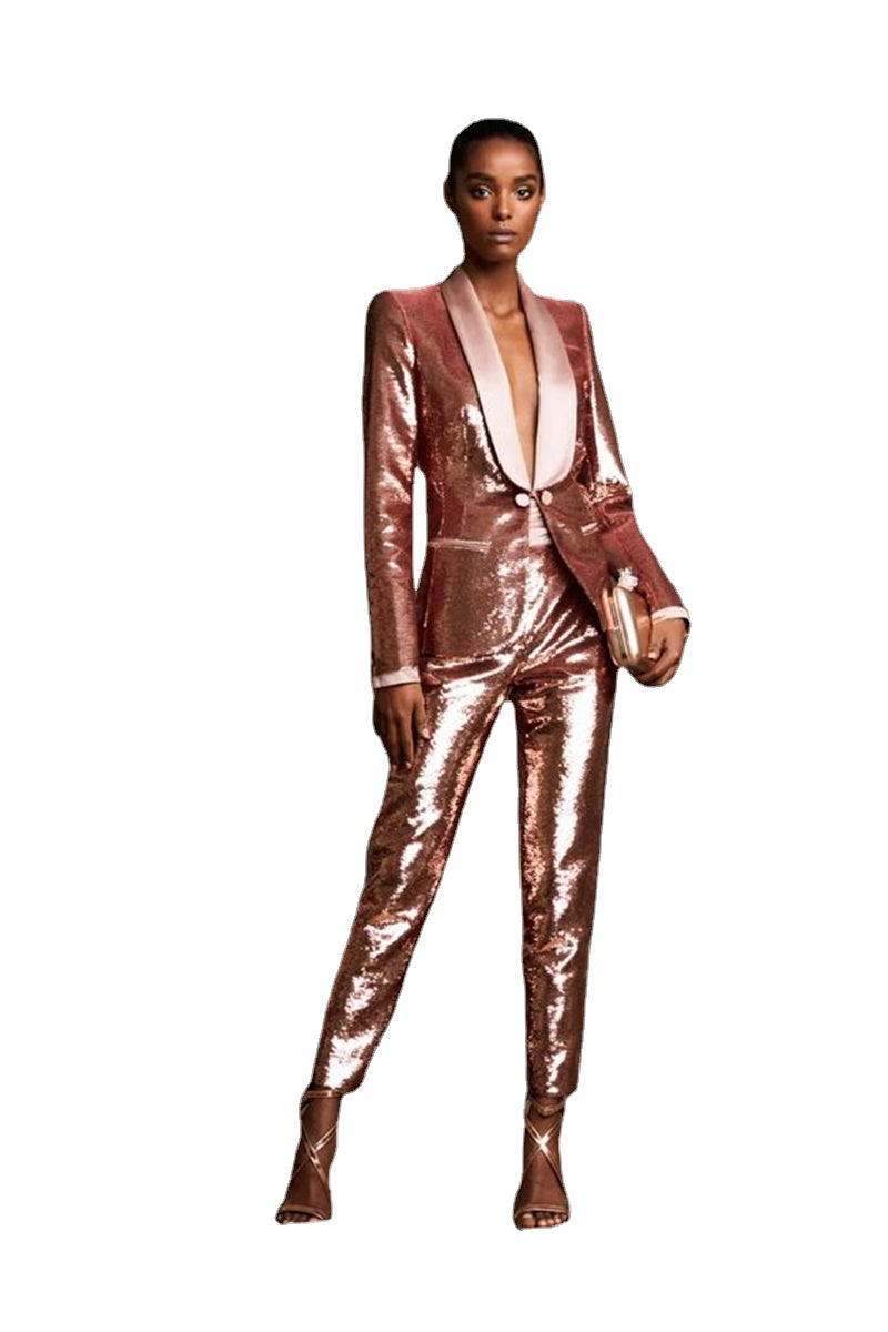 Trajes de mujer con lentejuelas de oro rosa, 2 piezas, blazer brillante, pantalones, diseñador, vestido formal para fiesta de graduación, hecho a medida, disfraz femenino 