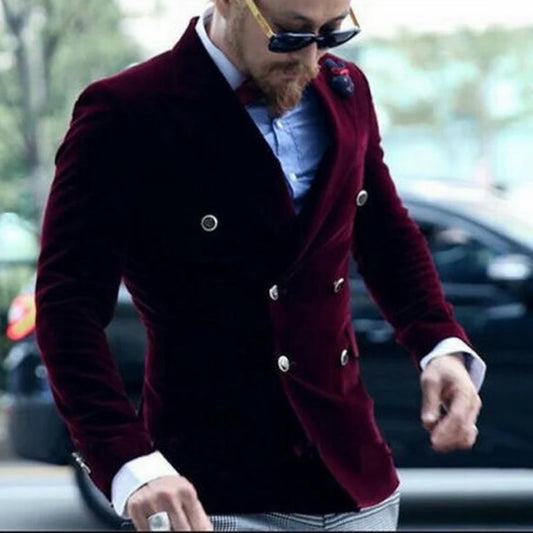 Men's Burgundy Velvet Double-Breasted Blazer with Silver Buttons