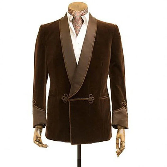 Men's Brown Velvet Blazer with Satin Lapel and Decorative Buttons