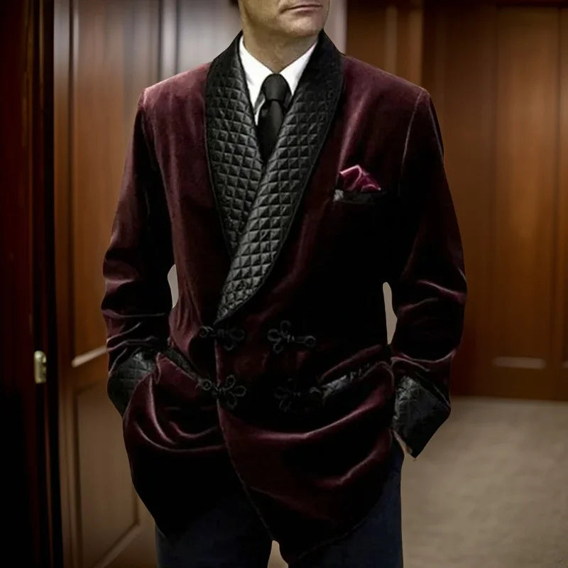 Men's Burgundy Velvet Quilted Smoking Jacket with Shawl Collar and Pocket Square