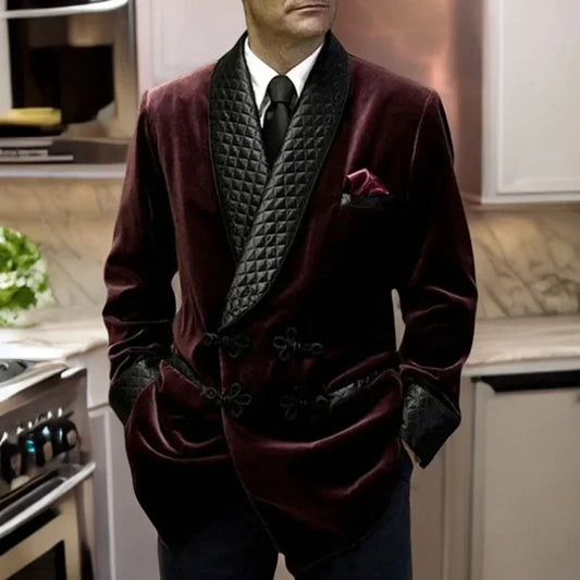 Men's Burgundy Velvet Quilted Smoking Jacket with Shawl Collar and Pocket Square