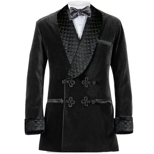 Chaqueta de esmoquin acolchada de terciopelo burdeos para hombre con cuello chal y pañuelo de bolsillo 