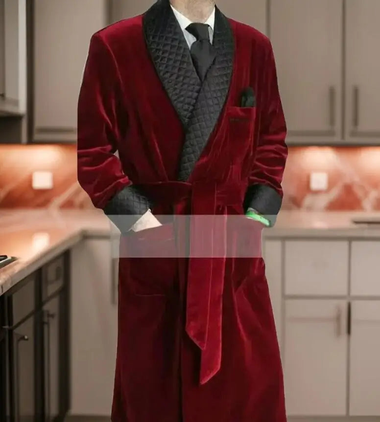 Chaqueta de esmoquin acolchada de terciopelo burdeos para hombre con cuello chal y pañuelo de bolsillo 