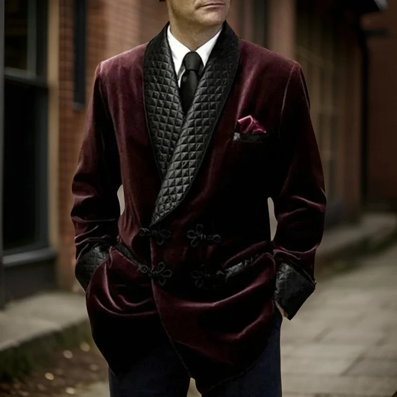 Chaqueta de esmoquin acolchada de terciopelo burdeos para hombre con cuello chal y pañuelo de bolsillo 