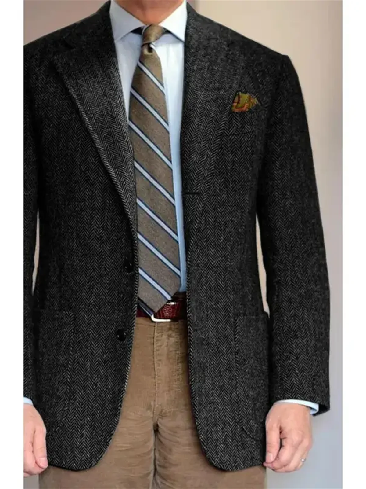 1 Pieces Men's Suit Grey Blazer Prom Groom Tuxedos Herringbone Wool Tweed Single Breasted Formal Bussiness Jacket for Wedding