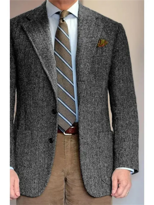 1 Pieces Men's Suit Grey Blazer Prom Groom Tuxedos Herringbone Wool Tweed Single Breasted Formal Bussiness Jacket for Wedding