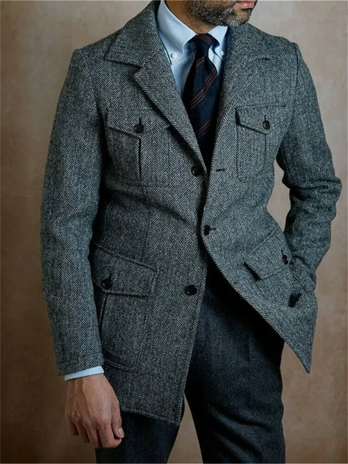 1 pieza de traje de negocios vintage para hombre, corte entallado, tweed gris, esmoquin de espiga, trajes de novio para boda, blazer masculino