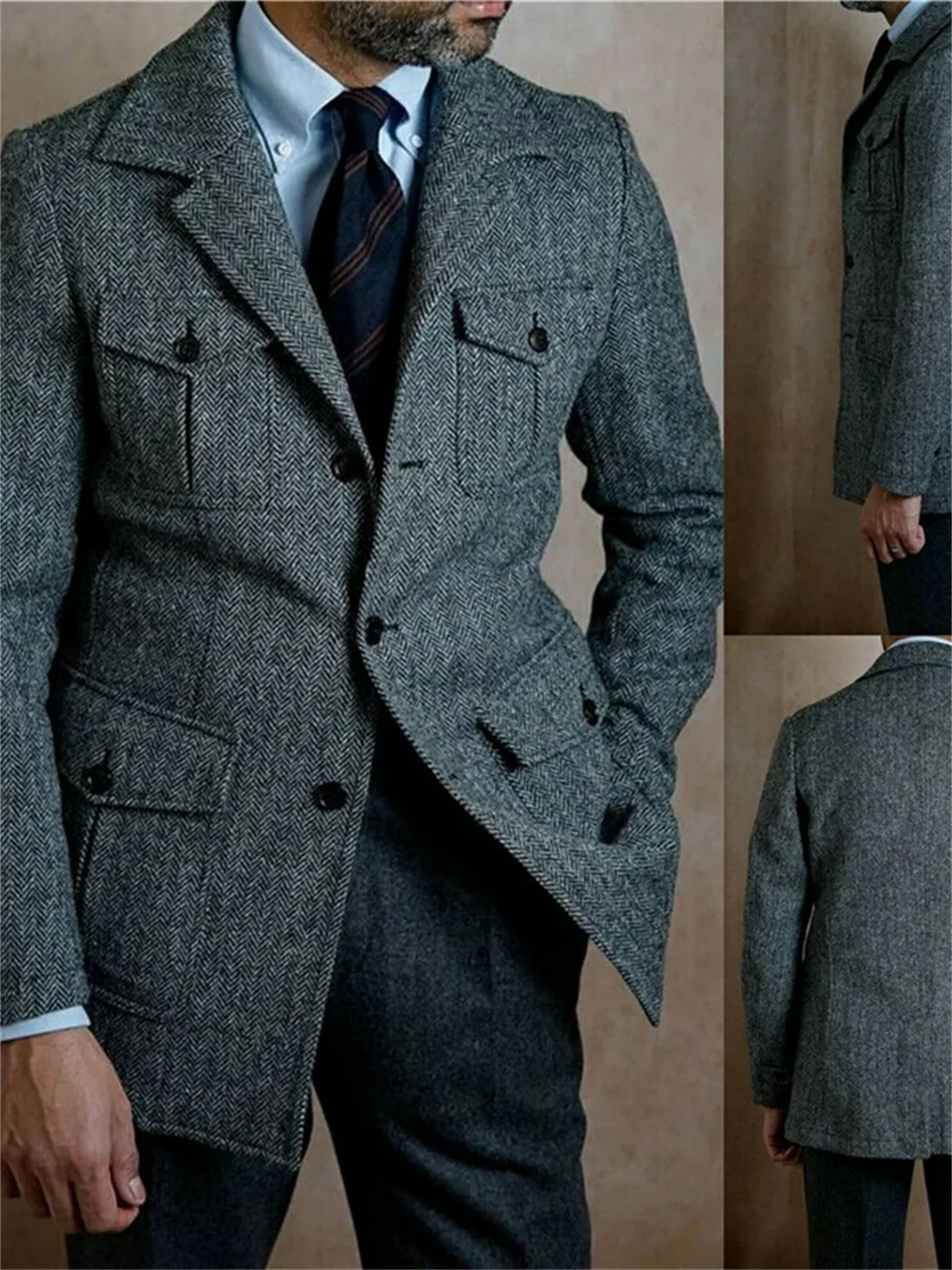 1 pieza de traje de negocios vintage para hombre, corte entallado, tweed gris, esmoquin de espiga, trajes de novio para boda, blazer masculino