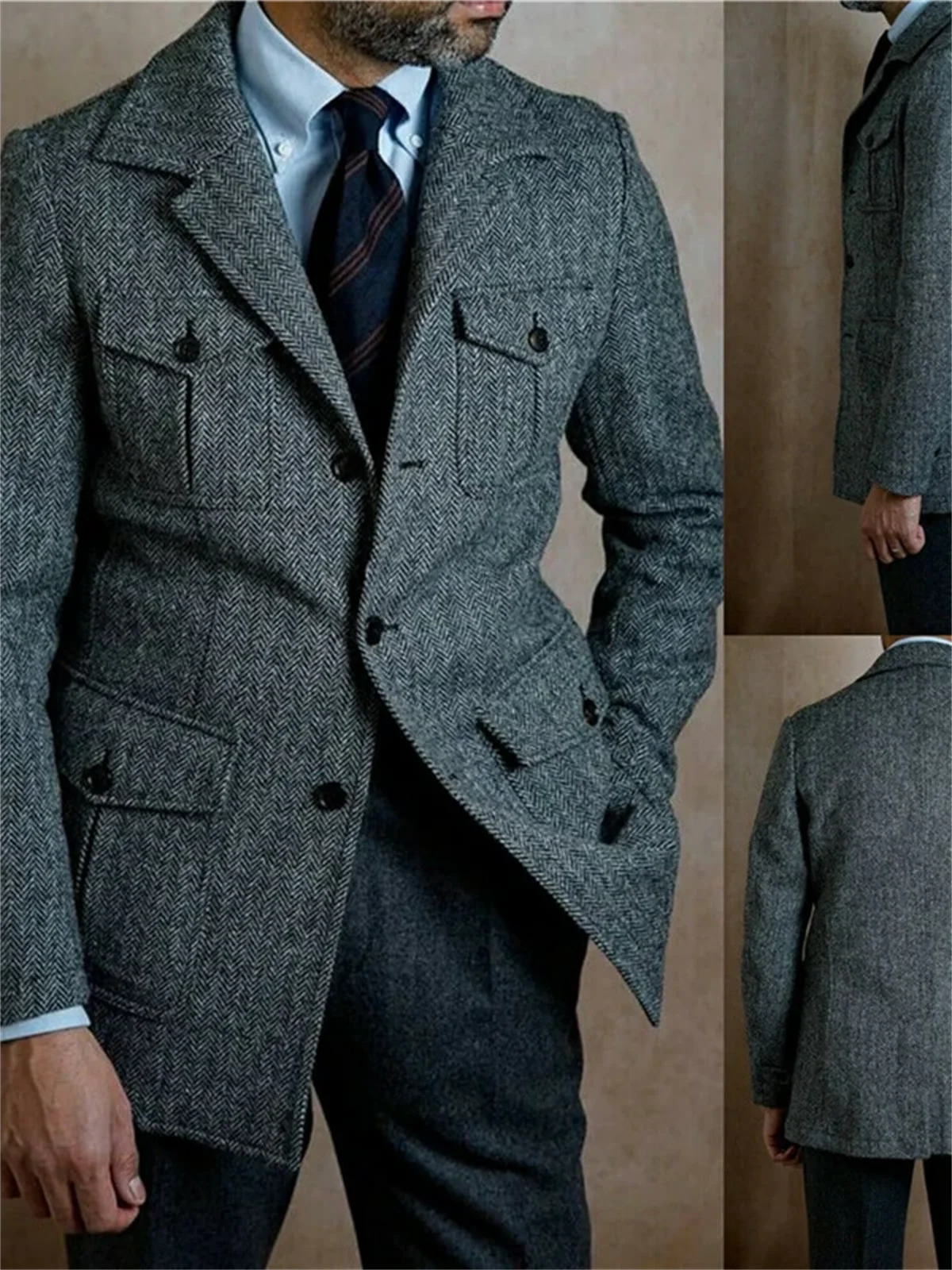 1 pieza de traje de negocios vintage para hombre, corte entallado, tweed gris, esmoquin de espiga, trajes de novio para boda, blazer masculino