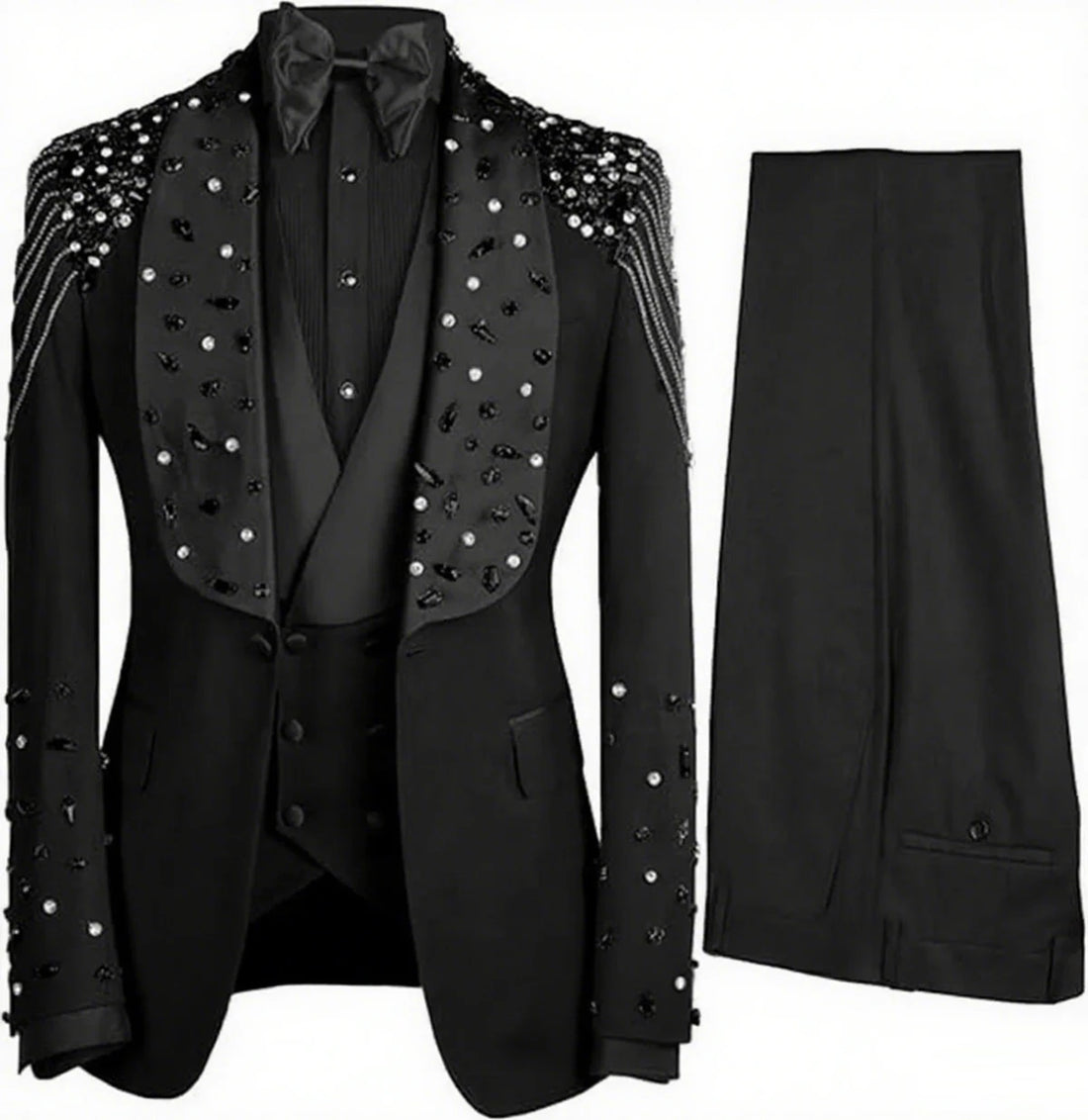 Luxury Crystals Beaded Lapel Men Suits 3 Pieces Sets Groom Wedding Tuxedos Customized Trajes Para Hombre Slim Male Prom Blazer