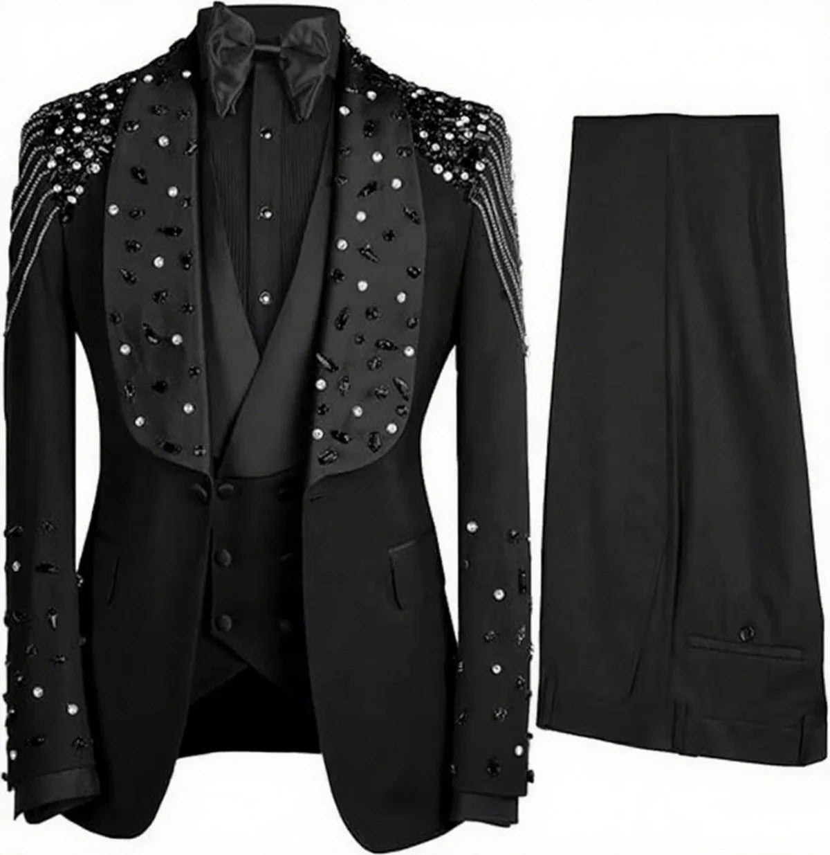 Luxury Crystals Beaded Lapel Men Suits 3 Pieces Sets Groom Wedding Tuxedos Customized Trajes Para Hombre Slim Male Prom Blazer