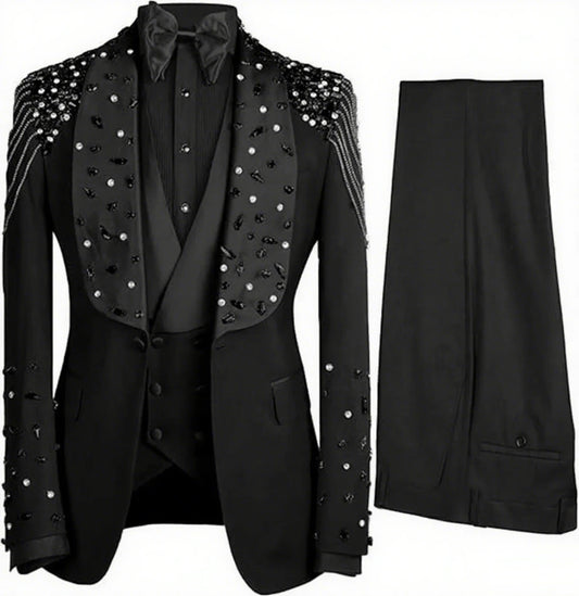 Luxury Crystals Beaded Lapel Men Suits 3 Pieces Sets Groom Wedding Tuxedos Customized Trajes Para Hombre Slim Male Prom Blazer