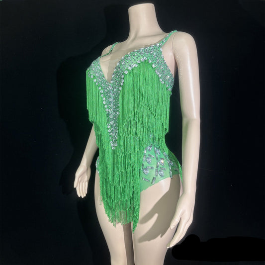 Sparkly Rhinestones Tassels Bodysuit for Women Sexy V Neck Slip Performance Dance Costume Singer Dancer Leotard Show Stage Wear