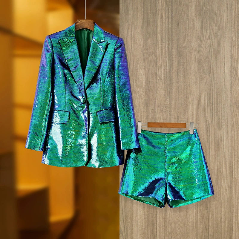 Sequins Short Suits Hot Pink Summer Pink Sequin Glitter Jacket Shorts Fashion Two Piece Set Outfits Women