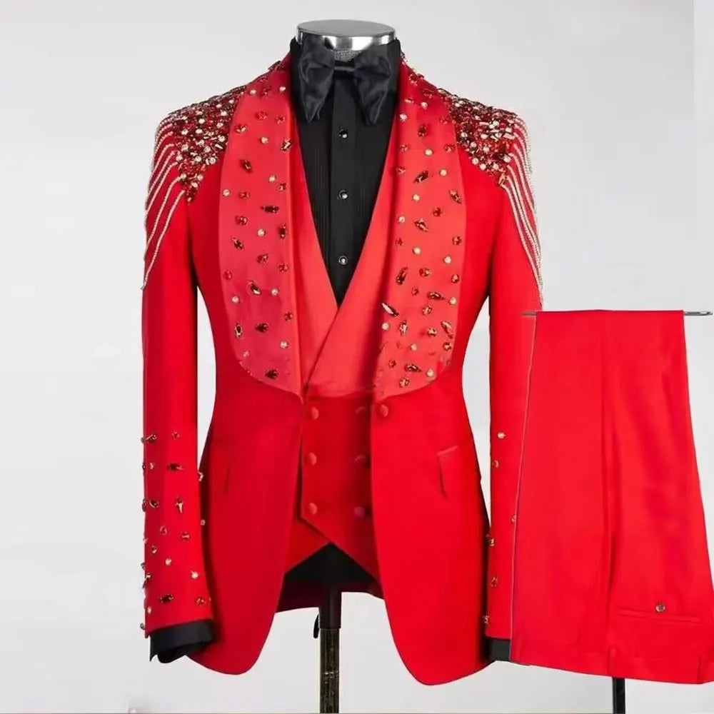 Luxury Crystals Beaded Lapel Men Suits 3 Pieces Sets Groom Wedding Tuxedos Customized Trajes Para Hombre Slim Male Prom Blazer