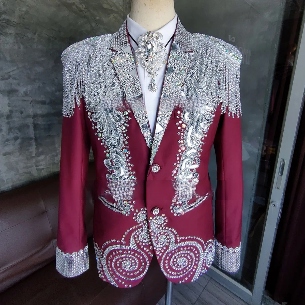 Luxury Customized Crystals Men Suits for Wedding Sparkle Gem Groom Tuxedos 2 Pieces Sets Male Prom Blazers Slim Fit