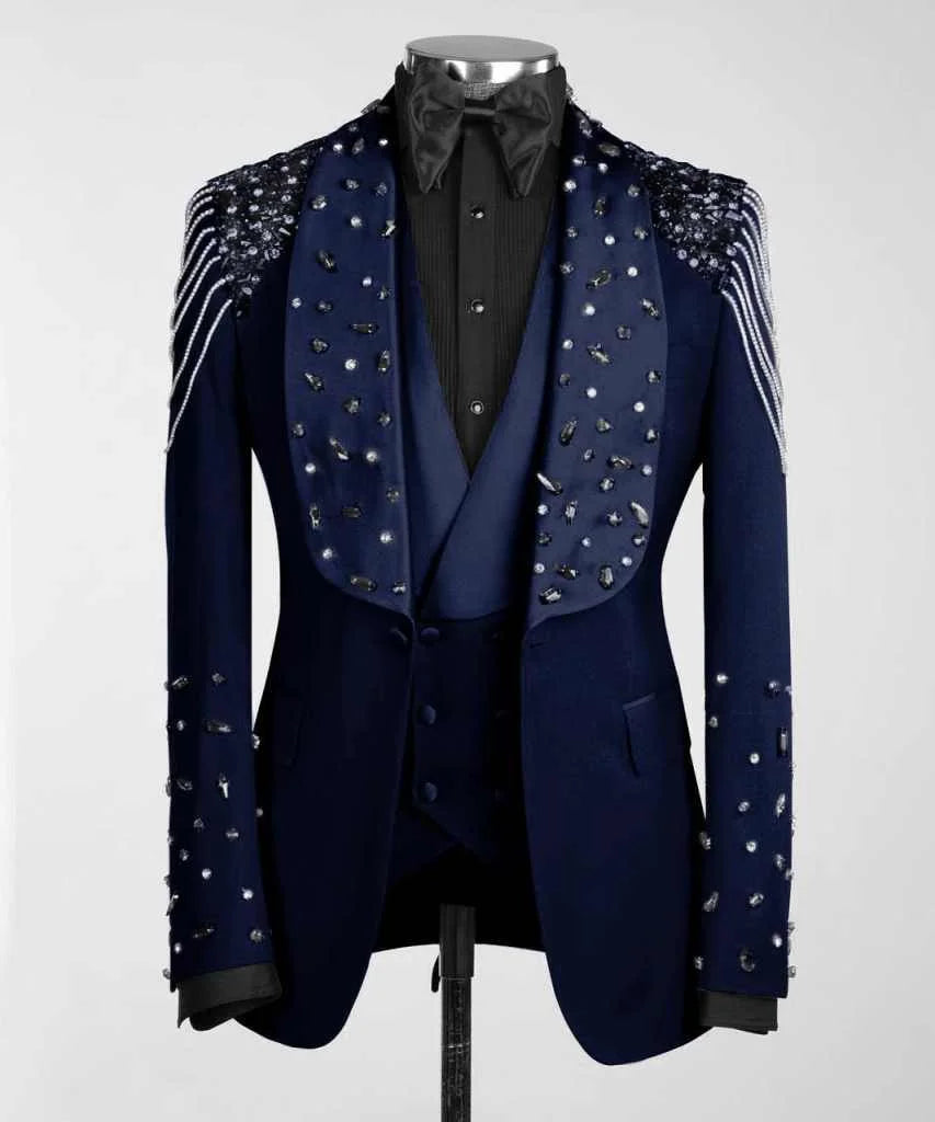 Luxury Crystals Beaded Lapel Men Suits 3 Pieces Sets Groom Wedding Tuxedos Customized Trajes Para Hombre Slim Male Prom Blazer