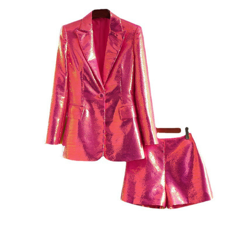 Sequins Short Suits Hot Pink Summer Pink Sequin Glitter Jacket Shorts Fashion Two Piece Set Outfits Women