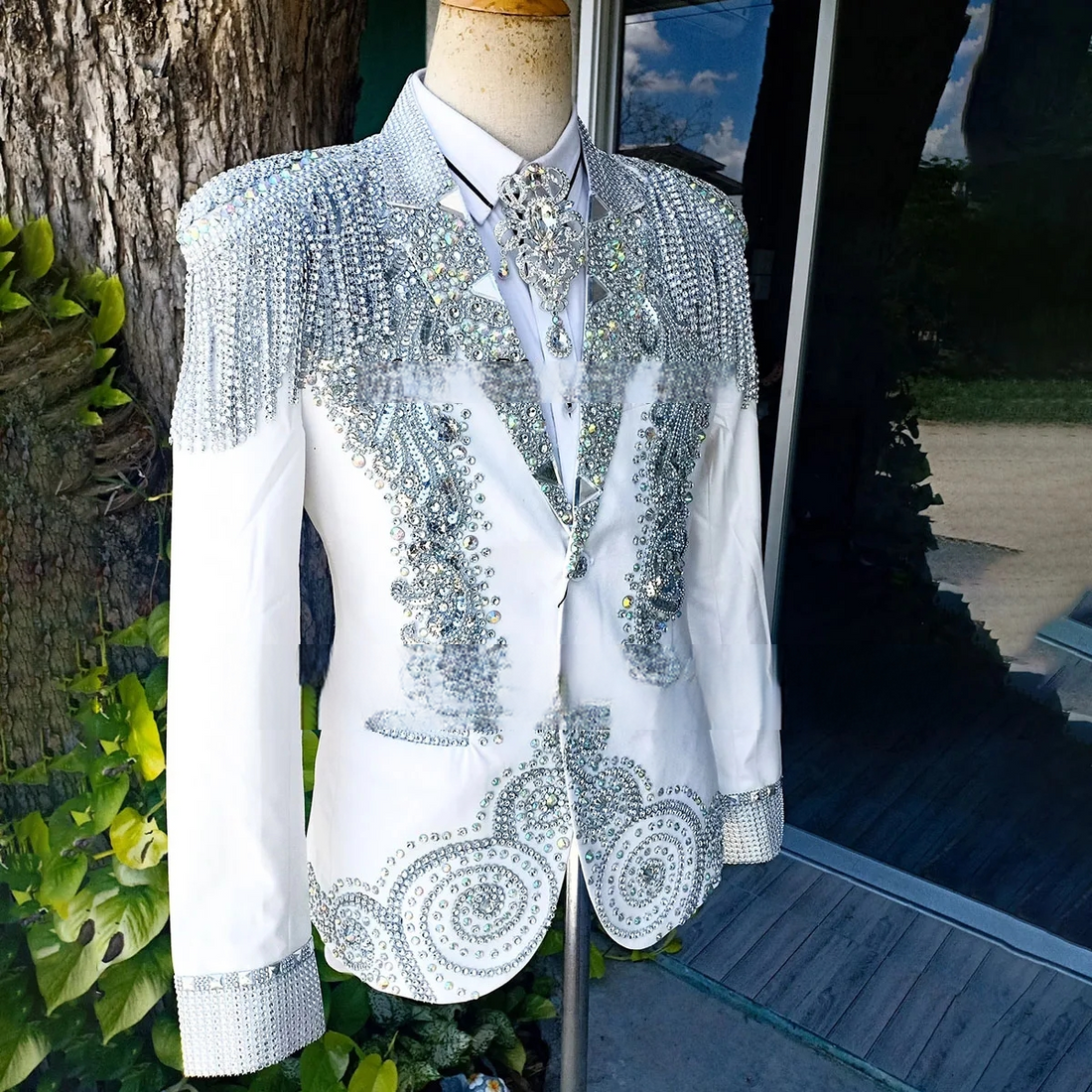 Luxury Customized Crystals Men Suits for Wedding Sparkle Gem Groom Tuxedos 2 Pieces Sets Male Prom Blazers Slim Fit