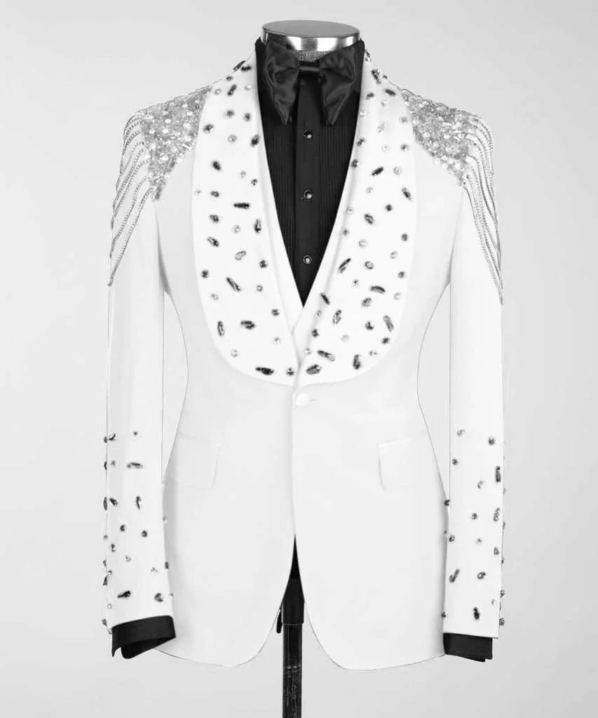 Luxury Crystals Beaded Lapel Men Suits 3 Pieces Sets Groom Wedding Tuxedos Customized Trajes Para Hombre Slim Male Prom Blazer
