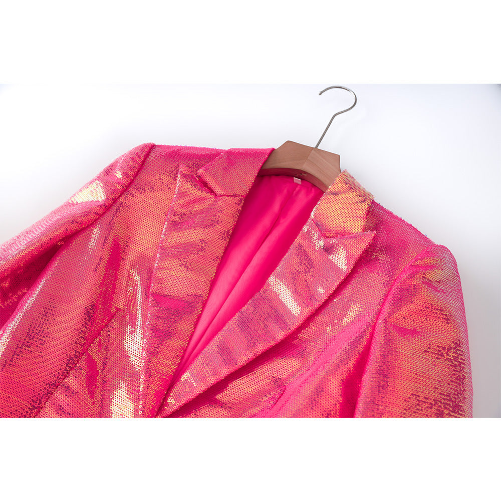 Sequins Short Suits Hot Pink Summer Pink Sequin Glitter Jacket Shorts Fashion Two Piece Set Outfits Women