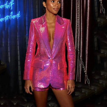 Conjunto de dos piezas formado por chaqueta y pantalón corto, con lentejuelas y purpurina rosa intenso, para mujer 