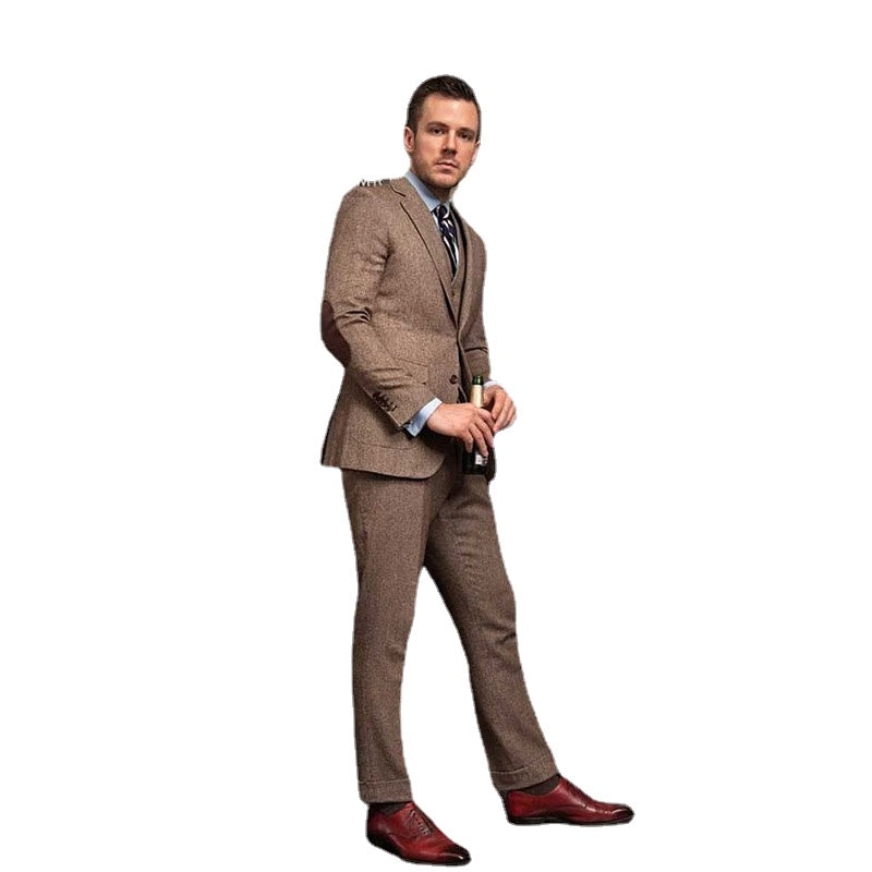 Esmoquin de tweed marrón con parche de codo especial para hombre, traje clásico de boda, chaqueta, blazer, corte entallado, para novio, hecho a medida, padrino de boda, tres piezas 
