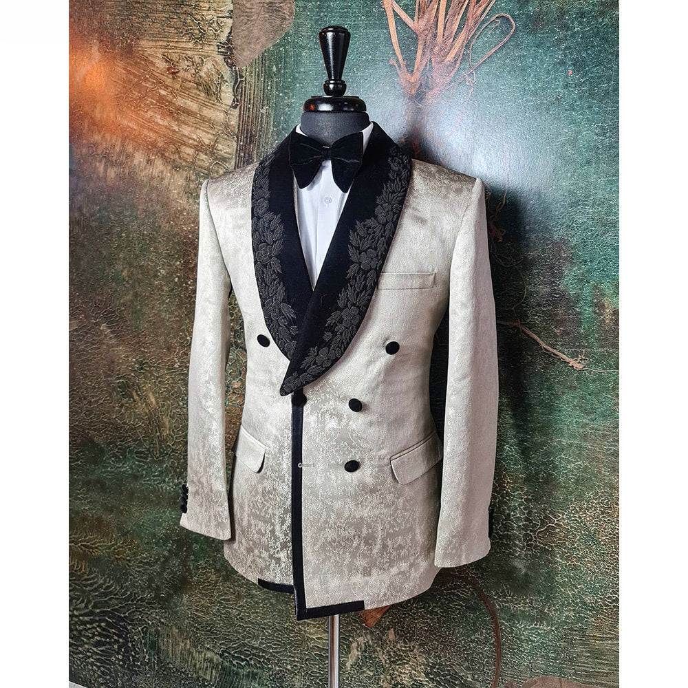 Costume de marié en jacquard champagne avec appliques en dentelle pour homme, ensemble 2 pièces veste et pantalon, blazer d'affaires décontracté et chic 