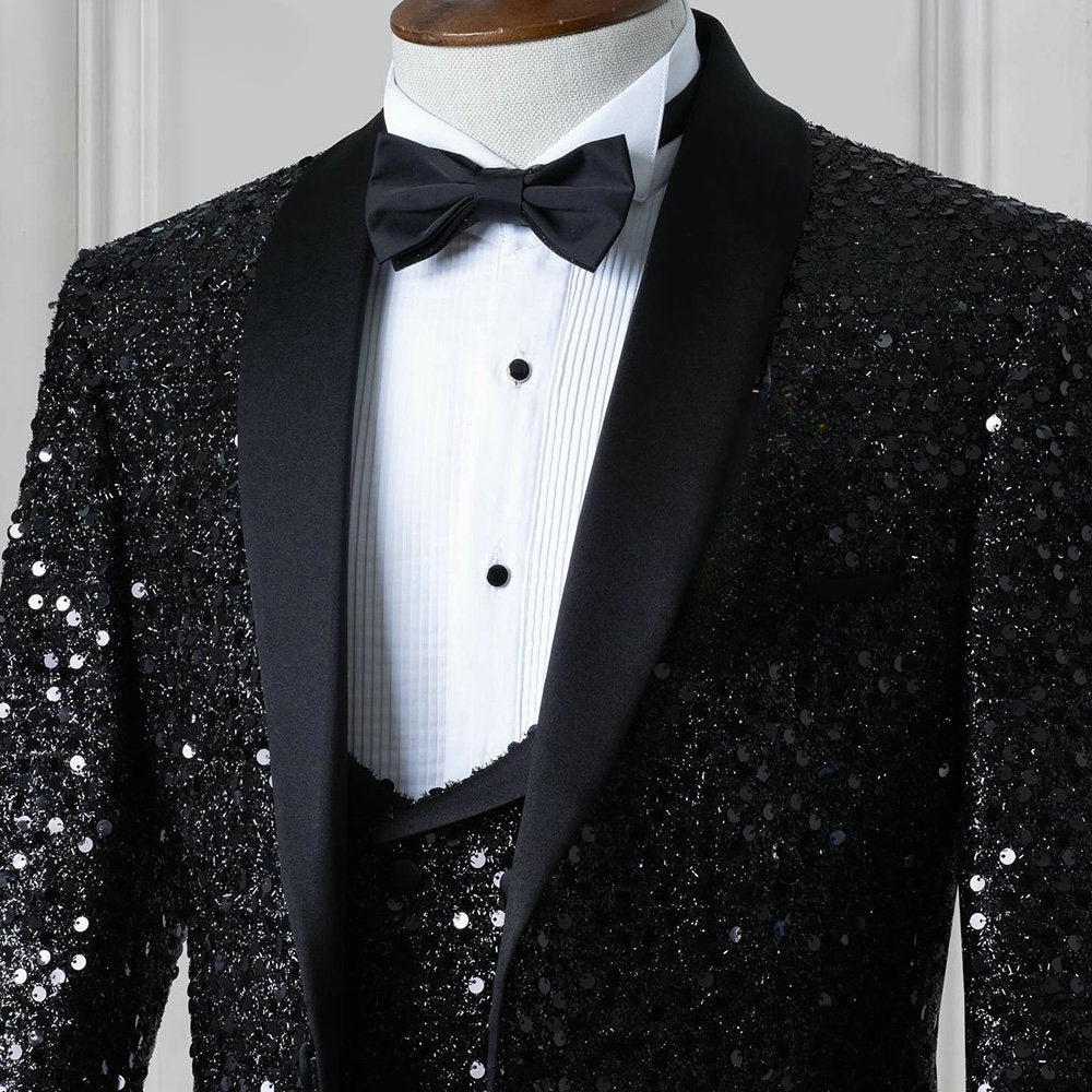 Black Sequined Groom Wear Formal Men Suits 3 Piece Jacket Vest And Pants Sets Smart Casual Business Blazer
