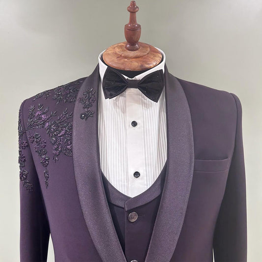 Dark Purple Blazers Men Suits Appliques Beading Fashion Banquet 3 Piece Business Jacket Vest  Pants Trousers
