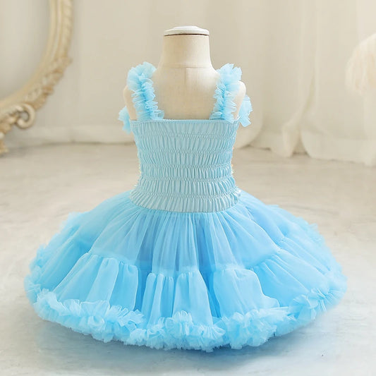 Vestido de fiesta de tul con lentejuelas azules y mangas con volantes para niñas 