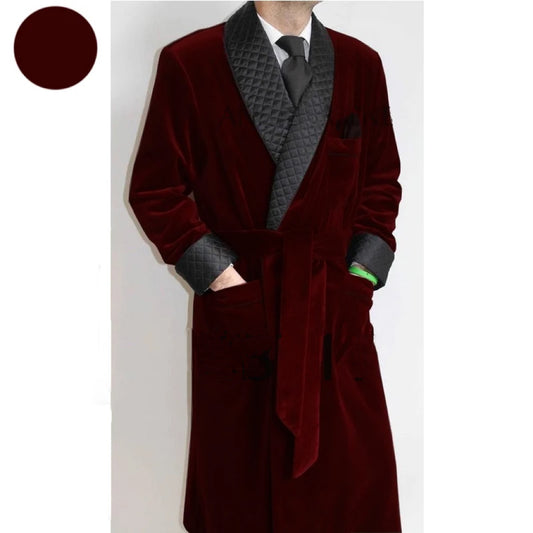 Custom Vintage Burgundy Velvet Smoking Jacket for Men Shawl Lapel Belted One Piece Design