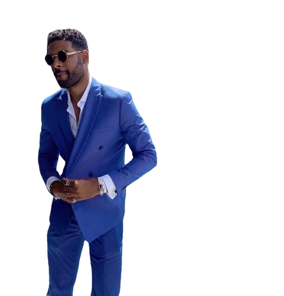 Traje azul real para hombre, 2 piezas, verano, corte entallado, esmoquin para novio de boda, solapa con muesca, conjunto de chaqueta y pantalón. 