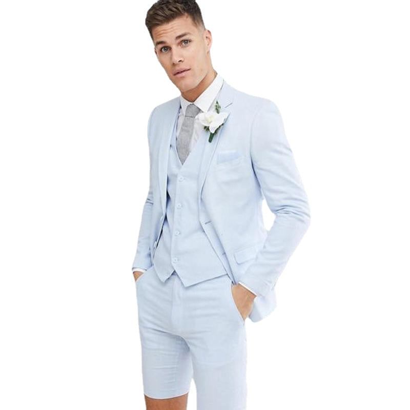 Light Blue Jacket Black Vest Short Pants Costume Homme Men Suits Wedding Slim Fit Tuxedo Business Blazer Trousers
