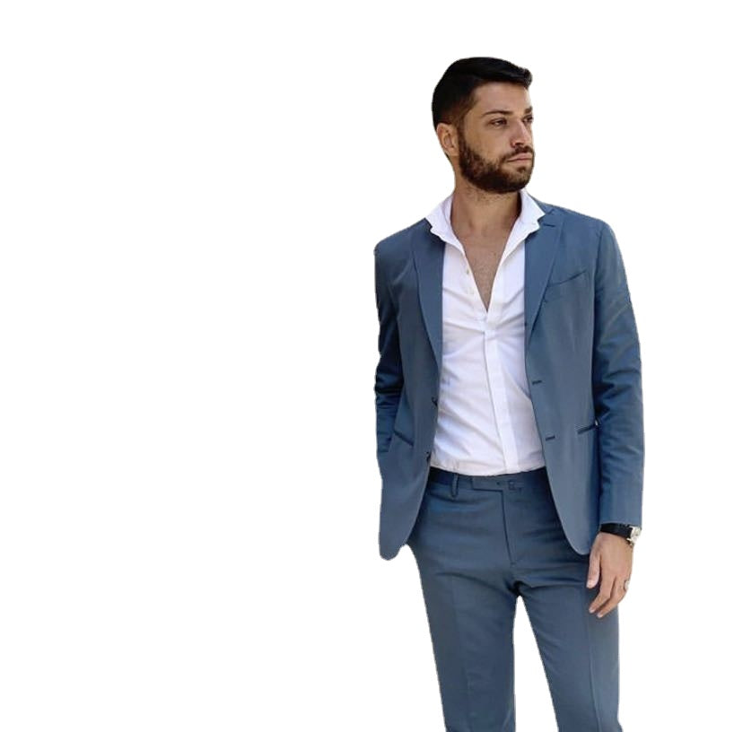 Trajes casuales de calle azul para hombre, esmóquines de boda a medida, trajes ajustados (chaqueta + pantalón + chaleco) 