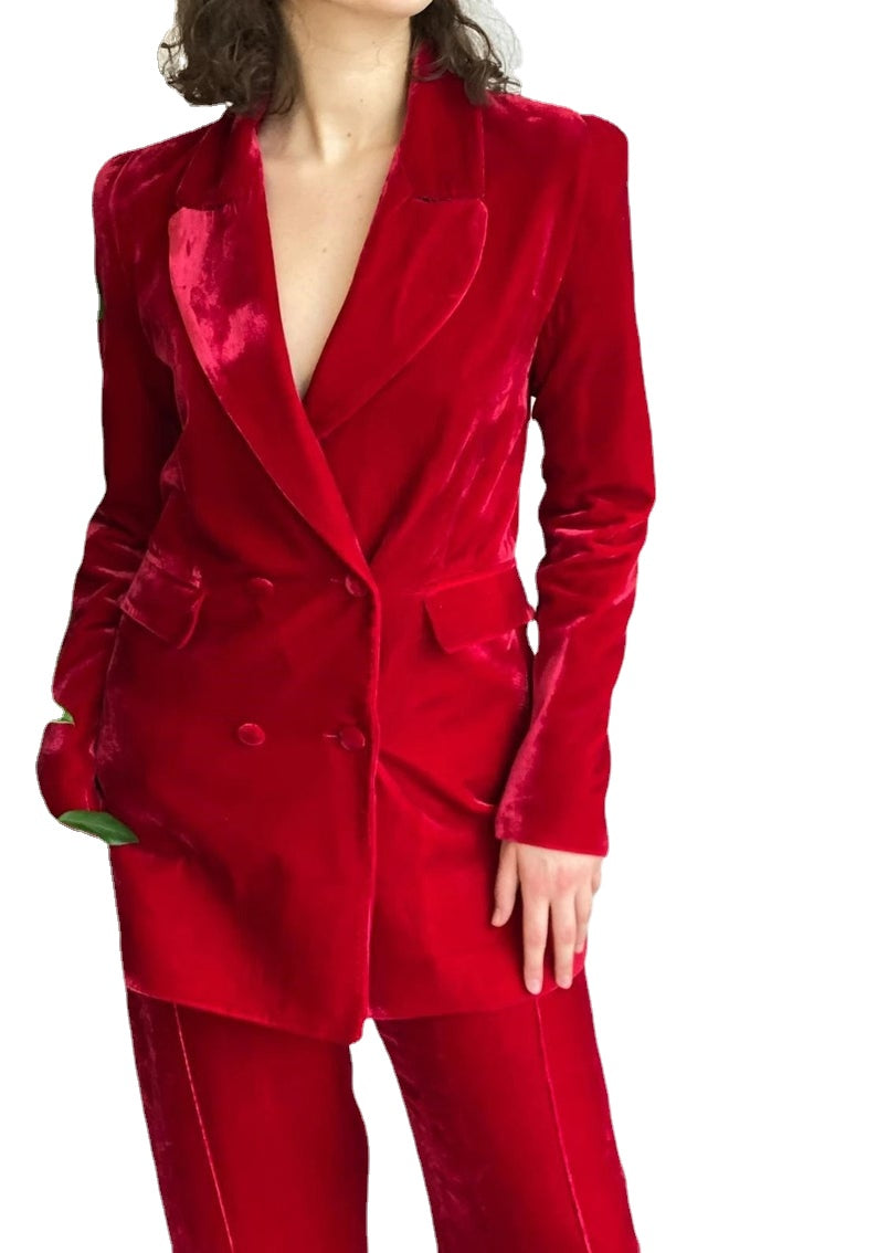 Costume blazer et pantalon en velours rouge pour femme, veste et pantalon croisés, tenue de soirée formelle, de bal 