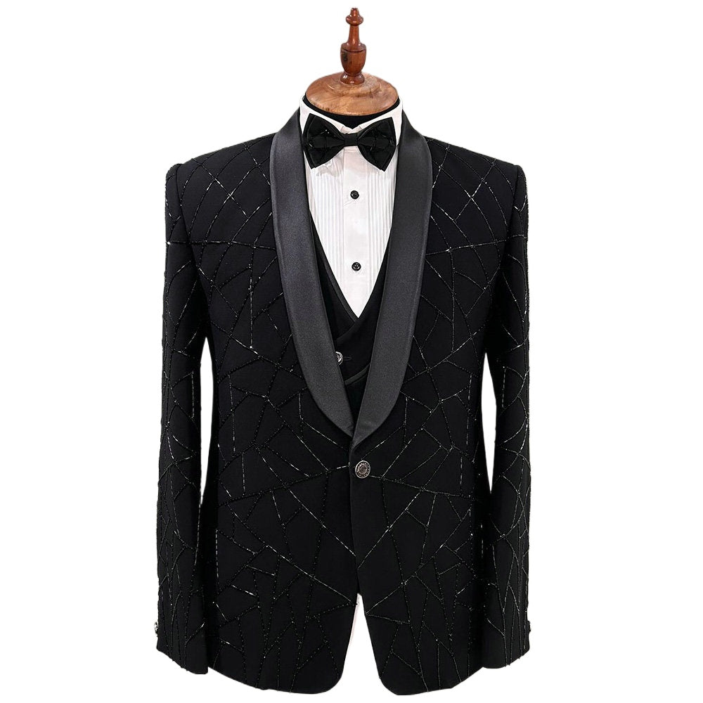 Black 3 Pieces Groom Wedding Tuxedos Beading Formal Suits Men Custom Made Black Prom Blazer Sets Male Fashion