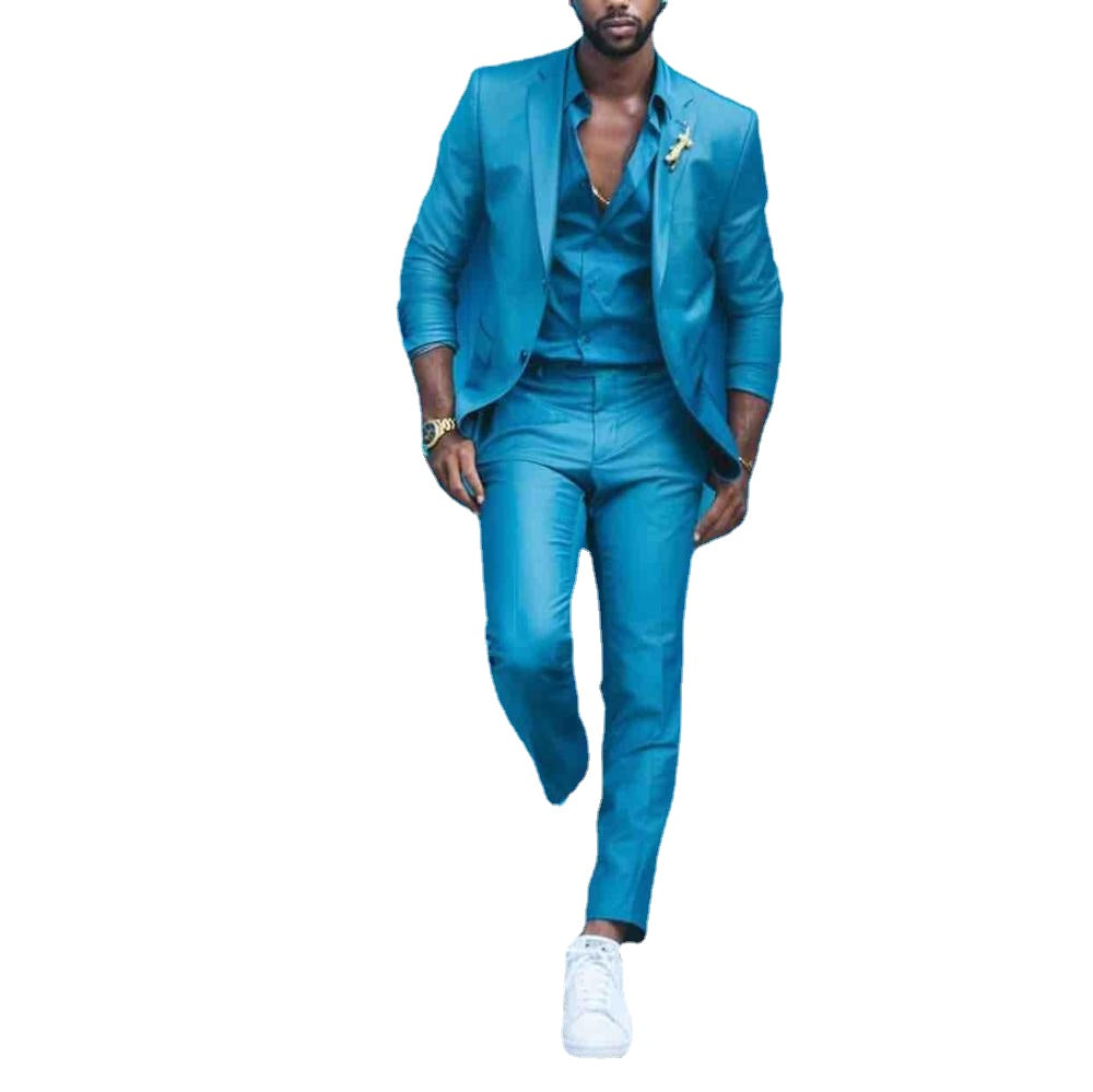 Trajes azules para hombre, corte entallado, dos piezas, para playa, padrinos de boda, esmoquin, traje formal para graduación (chaqueta y pantalón) 
