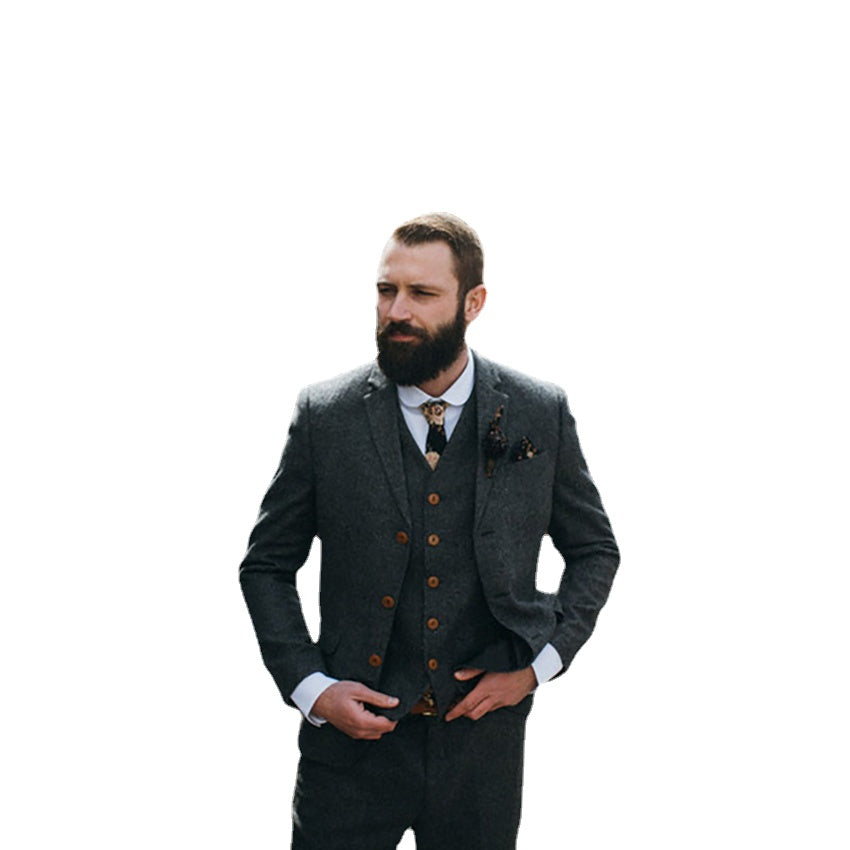 Grey Men Suits For Wedding Tweed Tuxedos Groom Wear Best Man Wear Wedding Dress Prom Dresses Business Suit 3Pieces Suit